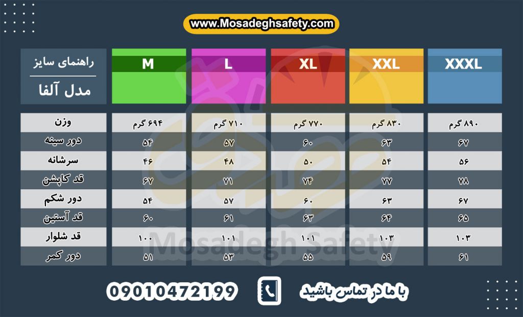راهنمای سایز لباس کار آلفا، راهنمای سایز لباسکار آلفا، خرید لباس کار آلفا، قیمت لباس کار آلفا، رنگ بندی لباس کار آلفا